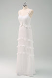 White Spaghetti Straps Mermaid Long Wedding Dress with Ruffles