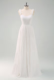 A-Line White Spaghetti Straps Pleated Long Wedding Dress with Bow