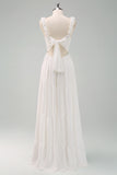 A-Line White Spaghetti Straps Pleated Long Wedding Dress with Bow