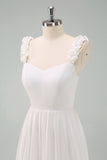 A-Line White Spaghetti Straps Pleated Long Wedding Dress with Bow