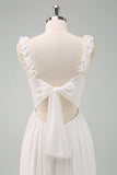 A-Line White Spaghetti Straps Pleated Long Wedding Dress with Bow