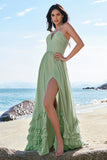 Dusty Sage Halter Ruffled Bridesmaid Dress with Slit