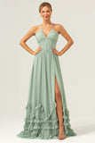 Dusty Sage Halter Corset Ruffled Long Bridesmaid Dress with Slit