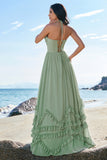 Dusty Sage Halter Ruffled Bridesmaid Dress with Slit