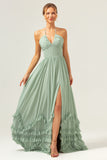 Dusty Sage Halter Corset Ruffled Long Bridesmaid Dress with Slit