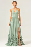 Dusty Sage Halter Ruffled Bridesmaid Dress with Slit