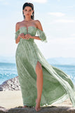 Dusty Sage A-Line Off Shoulder Print Long Bridesmaid Dress with Slit