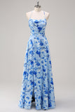 Blue A-Line Floral Spaghetti Straps Long Bridesmaid Dress with Slit