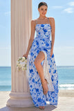 Blue Floral Spaghetti Straps Long Bridesmaid Dress with Slit