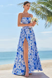 Blue Floral Spaghetti Straps Long Bridesmaid Dress with Slit