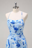 Blue A-Line Floral Spaghetti Straps Long Bridesmaid Dress with Slit