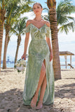 A Line Cold Shoulder Jacquard Dusty Sage Bridesmaid Dress with Slit