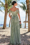 A Line Cold Shoulder Jacquard Dusty Sage Bridesmaid Dress with Slit