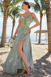 A Line Cold Shoulder Jacquard Dusty Sage Bridesmaid Dress with Slit