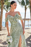 A Line Cold Shoulder Jacquard Dusty Sage Bridesmaid Dress with Slit