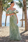 A Line Cold Shoulder Jacquard Dusty Sage Bridesmaid Dress with Slit