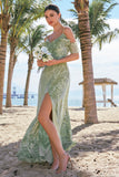 A Line Cold Shoulder Jacquard Dusty Sage Bridesmaid Dress with Slit