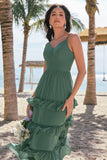 Eucalyptus A-Line Chiffon Tiered Long Bridesmaid Dress