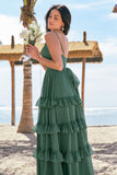 Eucalyptus A-Line Chiffon Tiered Long Bridesmaid Dress