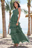 Eucalyptus A-Line Chiffon Tiered Long Bridesmaid Dress