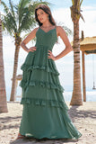 Eucalyptus A-Line Chiffon Tiered Long Bridesmaid Dress