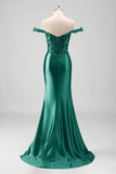 Off the Shoulder Applique Mermaid Grey Green Prom Dress with Slit