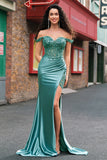 Off the Shoulder Applique Mermaid Grey Green Prom Dress with Slit