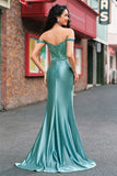 Off the Shoulder Applique Mermaid Grey Green Prom Dress with Slit