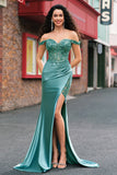 Off the Shoulder Applique Mermaid Grey Green Prom Dress with Slit