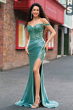 Off the Shoulder Applique Mermaid Grey Green Prom Dress with Slit