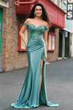 Off the Shoulder Applique Mermaid Grey Green Prom Dress with Slit