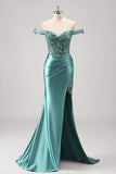 Sparkly Grey Green Mermaid Off The Shoulder Sequins Metallic Prom Dress  with Slit