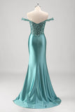 Sparkly Grey Green Mermaid Off The Shoulder Sequins Metallic Prom Dress with Slit