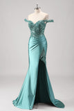 Sparkly Grey Green Mermaid Off The Shoulder Sequins Metallic Prom Dress with Slit