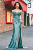 Sparkly Grey Green Mermaid Off The Shoulder Sequins Metallic Prom Dress with Slit