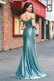 Sparkly Grey Green Mermaid Off The Shoulder Sequins Metallic Prom Dress with Slit