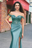 Off the Shoulder Applique Mermaid Grey Green Prom Dress with Slit