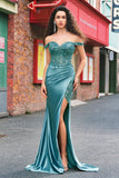 Off the Shoulder Applique Mermaid Grey Green Prom Dress with Slit