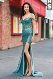 Off the Shoulder Applique Mermaid Grey Green Prom Dress with Slit