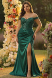 Dark Green Mermaid Off the Shoulder Plus Size Long Satin Prom Dress with Slit