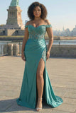 Dark Green Mermaid Off the Shoulder Plus Size Long Satin Prom Dress with Slit