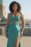 Dark Green Mermaid Off the Shoulder Plus Size Long Satin Prom Dress with Slit