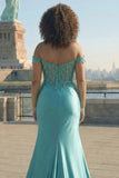 Dark Green Mermaid Off the Shoulder Plus Size Long Satin Prom Dress with Slit