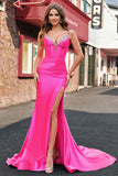 Fuchsia Mermaid Spaghetti Straps Corset Sequin Prom Dress with Slit