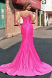 Fuchsia Mermaid Spaghetti Straps Corset Sequin Prom Dress with Slit