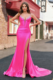 Mermaid Corset Sequined Long Fuchsia Prom Dress with Slit