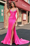 Mermaid Corset Sequined Long Fuchsia Prom Dress with Slit