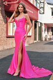 Mermaid Corset Sequined Long Fuchsia Prom Dress with Slit