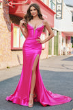 Mermaid Corset Sequined Long Fuchsia Prom Dress with Slit