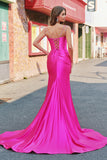 Mermaid Corset Sequined Long Fuchsia Prom Dress with Slit